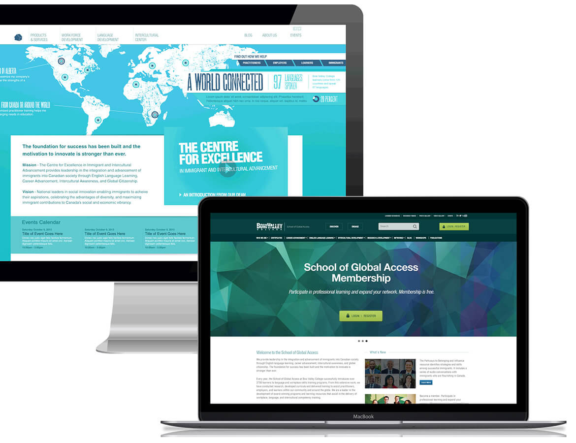 side by side Laptop and Desktop views of different Bow valley college webpages