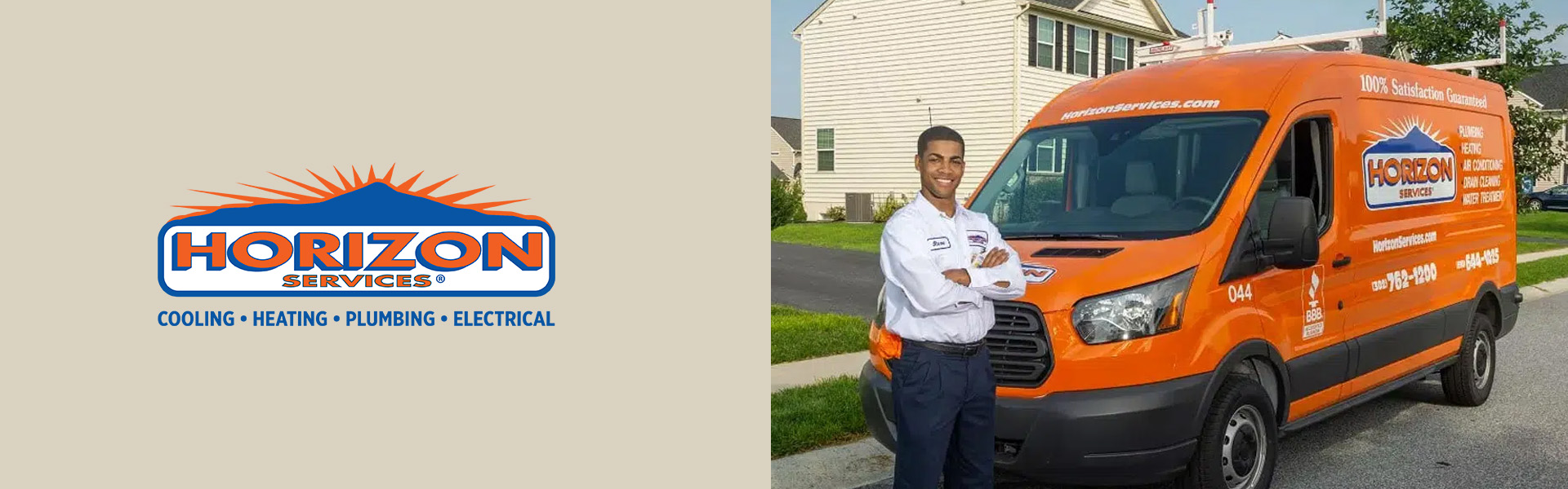 Side by side images of the Horizon logo and a man in front of a Horizon Van